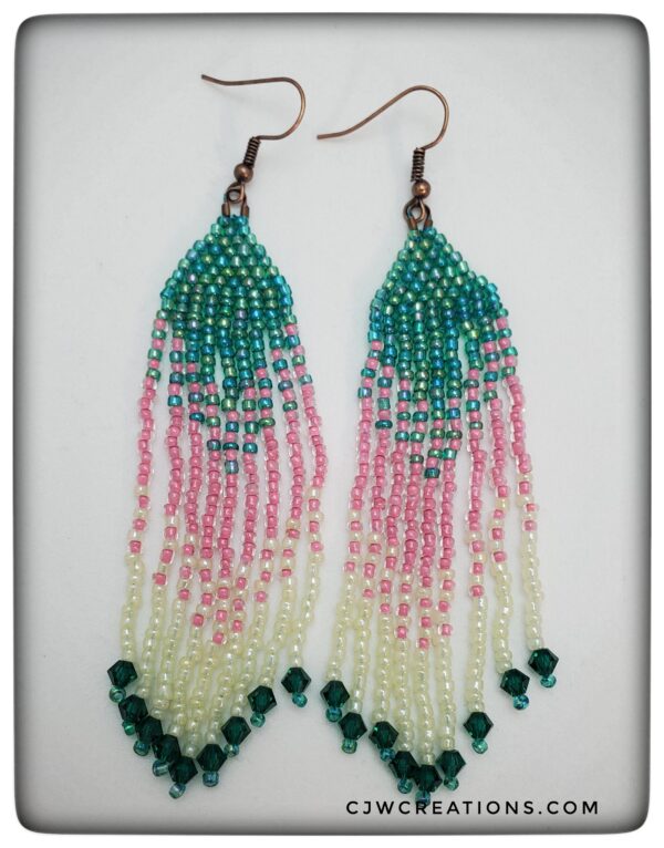 Green Pink & Cream Crystal Beaded Earrings